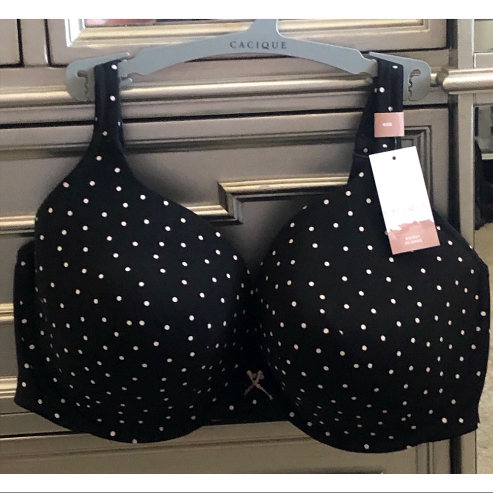 NWT Cacique Bra Cotton Boost Plunge Underwire Bra Size 40G Black White Polka Dot